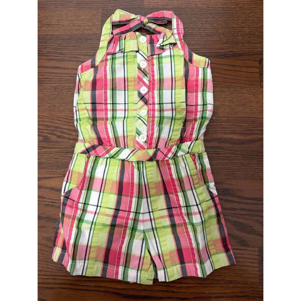 Gymboree Girls Pink Green Plaid Halter Romper Button Front Pockets Size 5 NWT